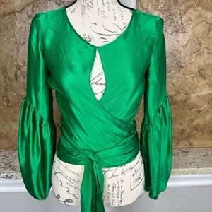 Amanda Uprichard Silk Top Womens XS Cropped Satin‎ Tie Front Moira Green Wrap
